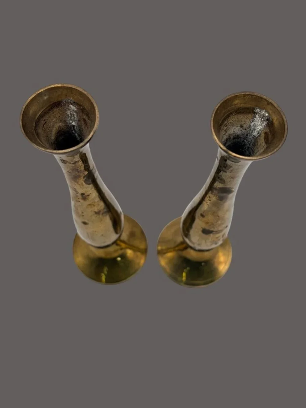 Vintage India Brass Bud Vases Pair Tall Trumpet Boho Decor 8.5